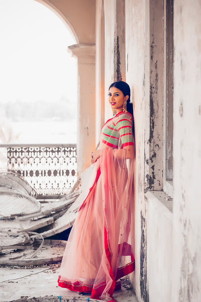 High neck horizontal contrast stripe blouse with peach tulle saree