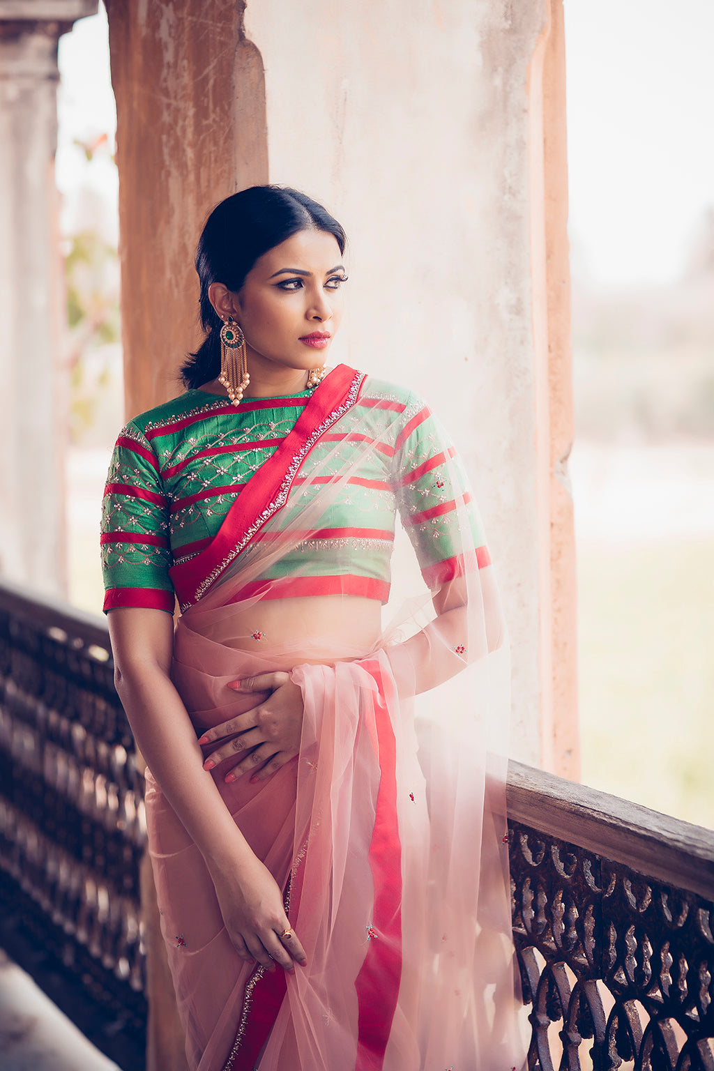 High neck horizontal contrast stripe blouse with peach tulle saree