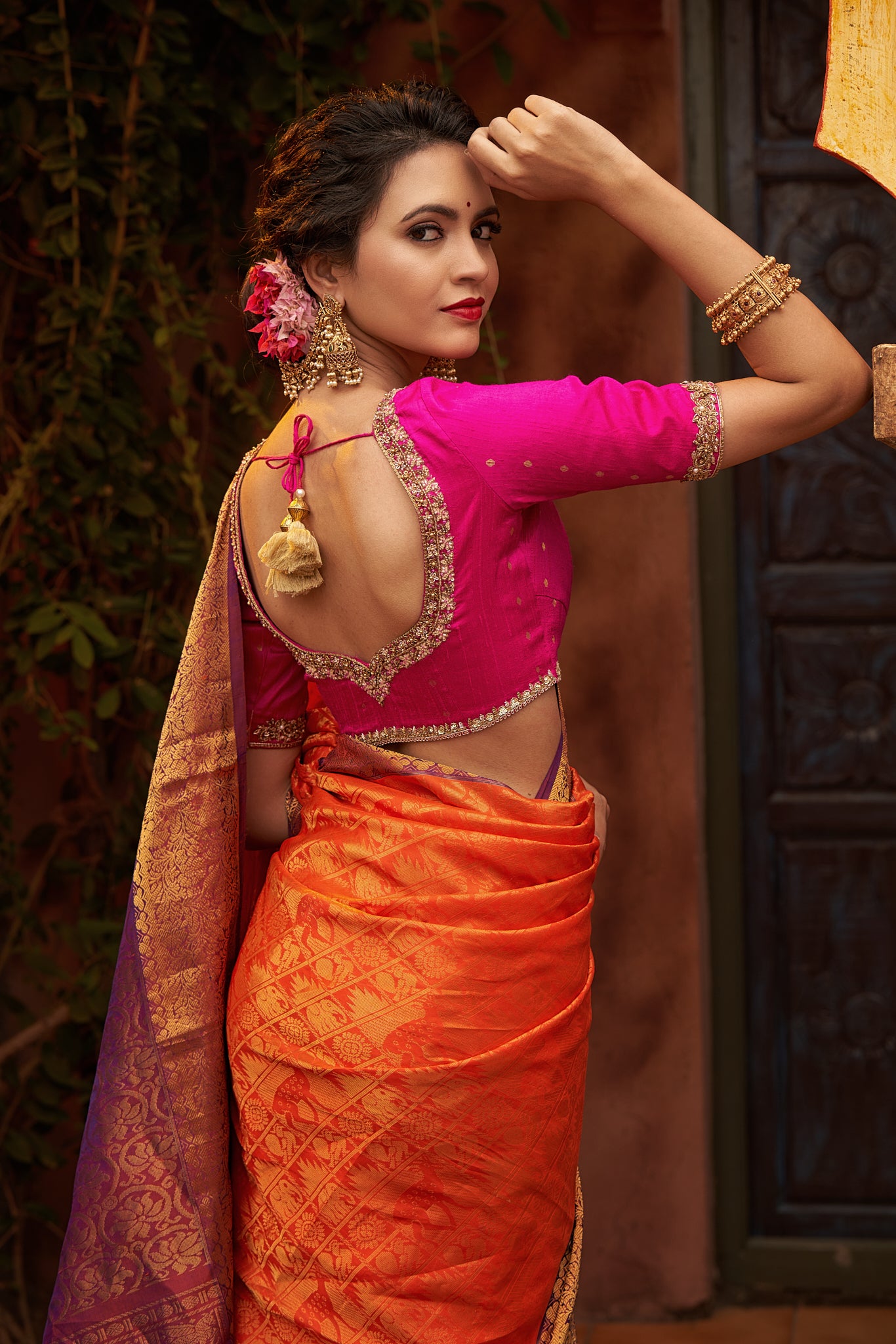 Pink Raw Silk Blouse With Leaf Neckline