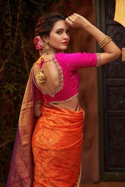 Pink Raw Silk Blouse With Leaf Neckline