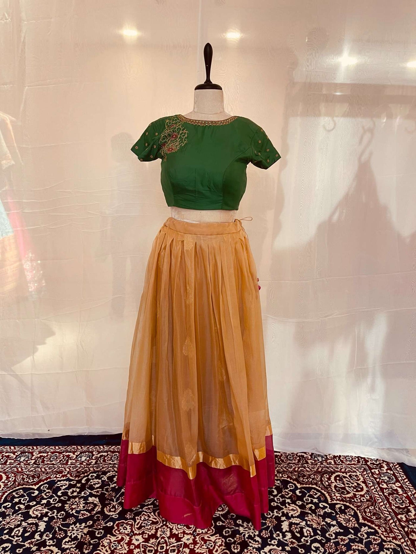 Green Short-Sleeve Zari Embroidered Skirt and Blouse